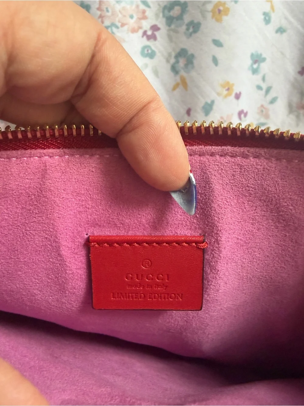 Gucci Brown GG Monogram Pouch with Pink Cat Patch and Red Trim